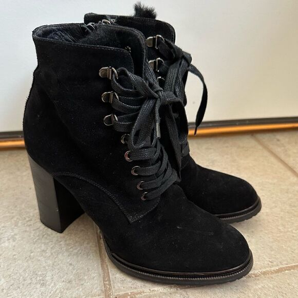 M. GEMI booties size 40 women’s size 9 black suede fur Heeled boots leather - Picture 1 of 9